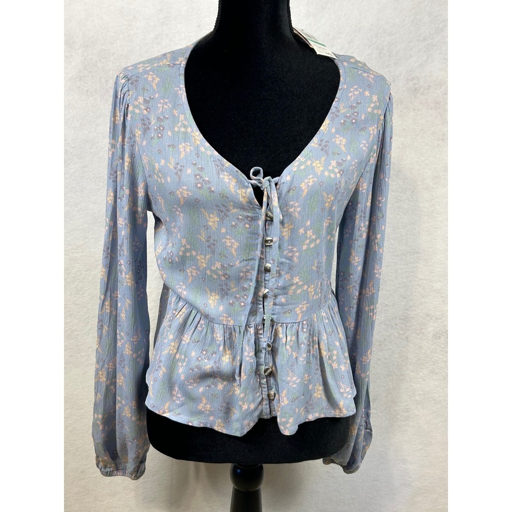 Self Esteem Blue Fog Floral Peplum Button Down Tie Front Blouse Large NWT